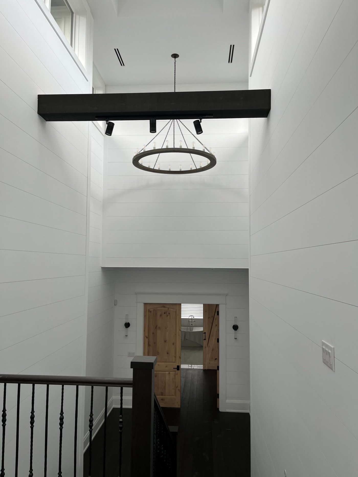 Master bedroom with shiplap ceiling